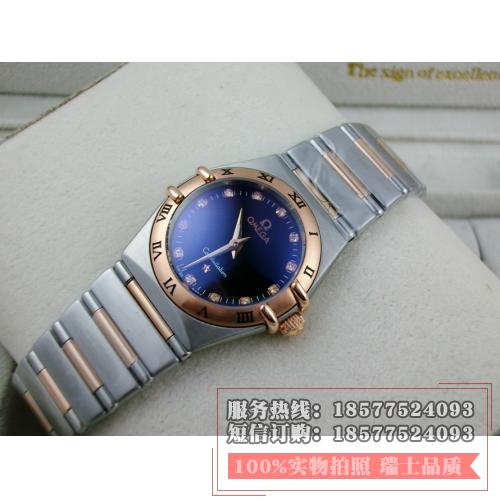 欧米茄星座系列女士手表 包18K玫瑰金钢带罗马外壳两针钻石刻度黑面瑞士石英女表