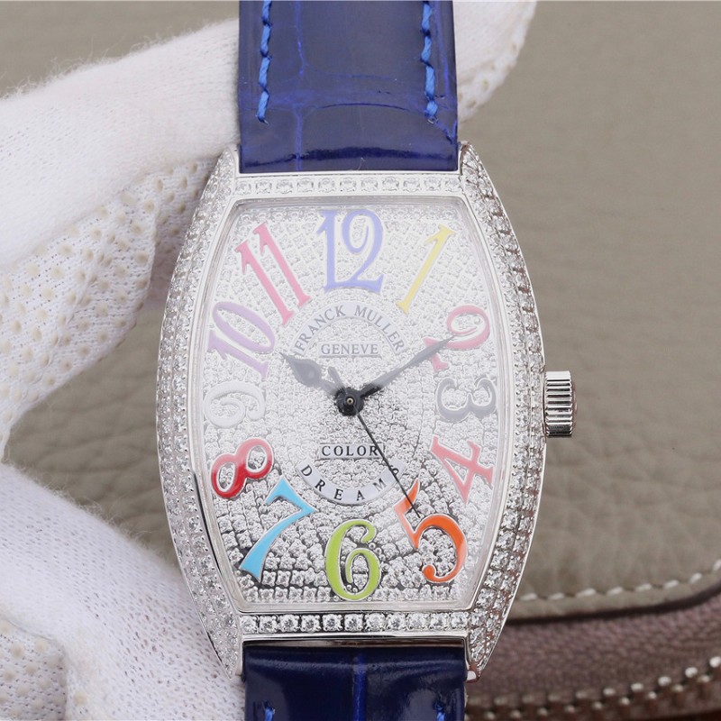 高仿法兰克穆勒手表价格 高仿复刻法兰克穆勒18k铂金镶钻白面蓝带 女士机械手表