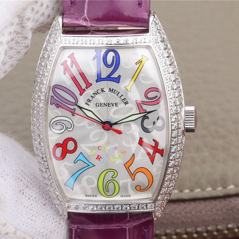 法兰克穆勒手表高仿 高仿复刻法兰克穆勒18k铂金镶钻多彩数字表盘 女士机械手表
