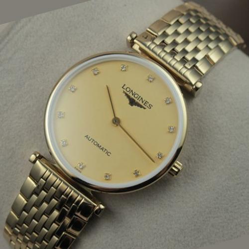 瑞士浪琴嘉岚系列 18K全金金面钻石刻度两针男士手表