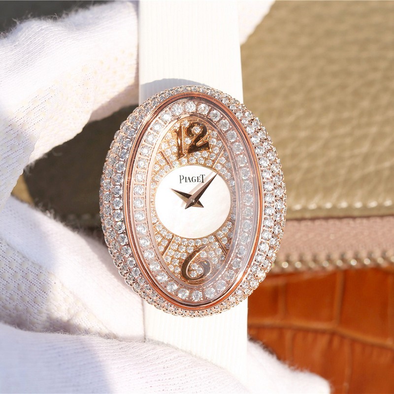 精仿复刻伯爵手表 精仿伯爵LIMELIGHT系列G0A35096 白色表带 玫瑰金镶钻石英女表