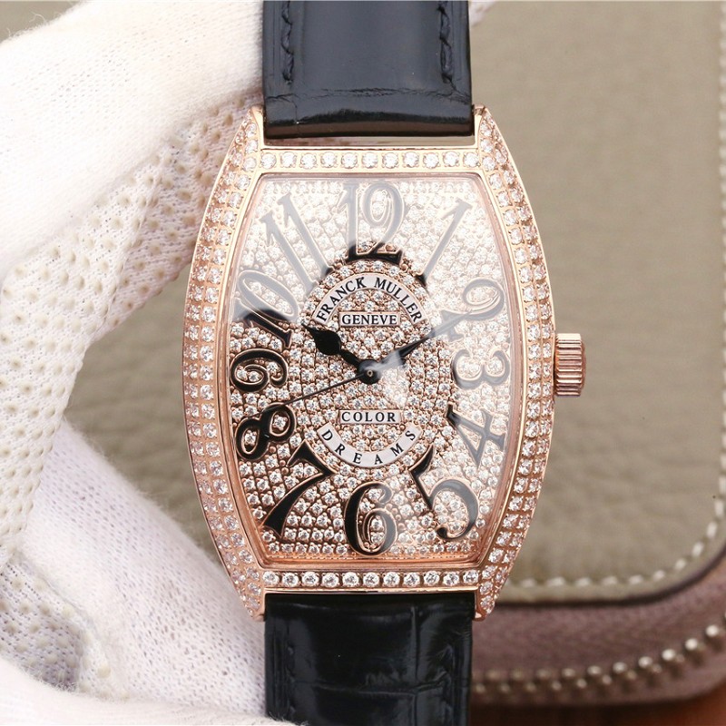 高仿法兰克穆勒手表图片 高仿复刻法兰克穆勒18K包玫瑰金黑色表带 女士机械手表