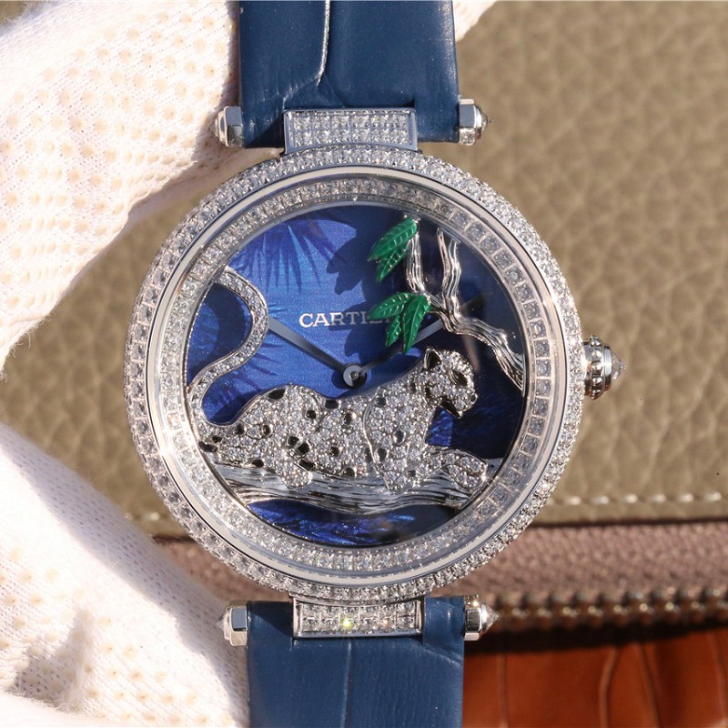 精仿卡地亚女表 精仿复刻卡地亚创意宝石系列白金镶钻石英女士腕表 蓝色皮带