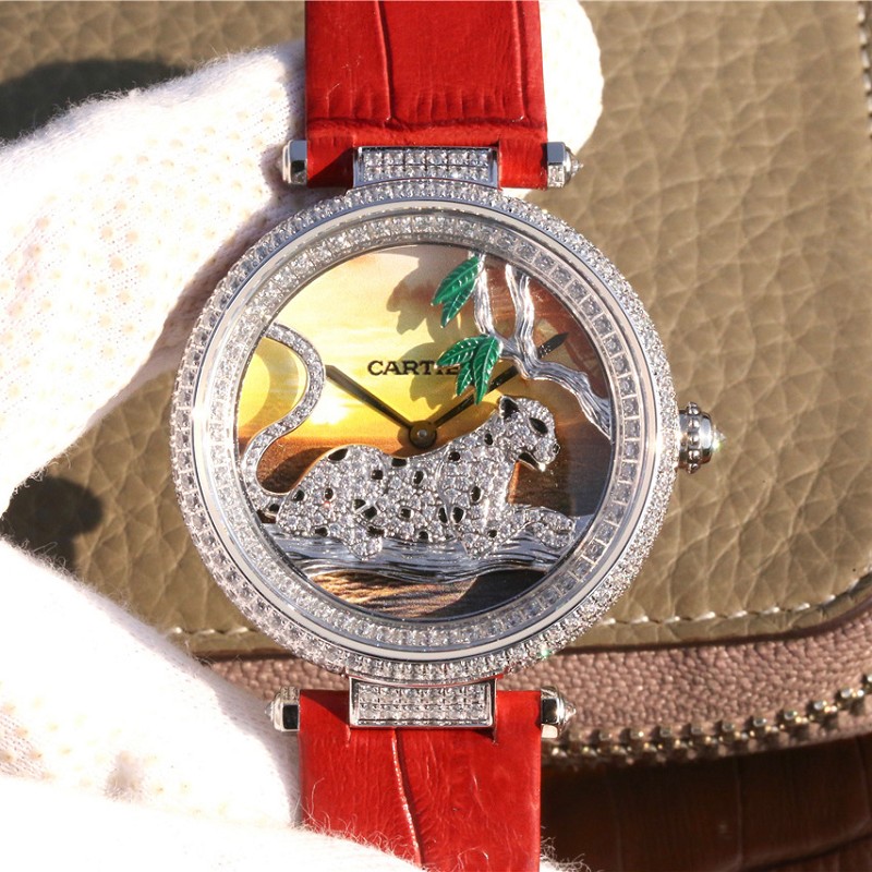 卡地亚手表仿 精仿复刻卡地亚创意宝石系列白金镶钻石英女士腕表 红色表带
