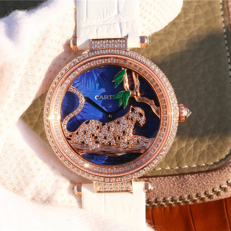 高仿卡地亚女士手表 精仿复刻卡地亚创意宝石系列玫瑰金镶钻石英女士腕表