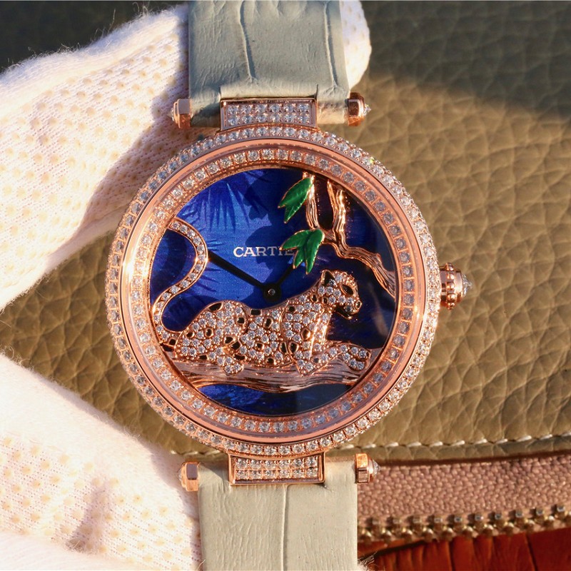 卡地亚石英精仿女表 精仿复刻卡地亚创意宝石系列18K包玫瑰金石英女士腕表