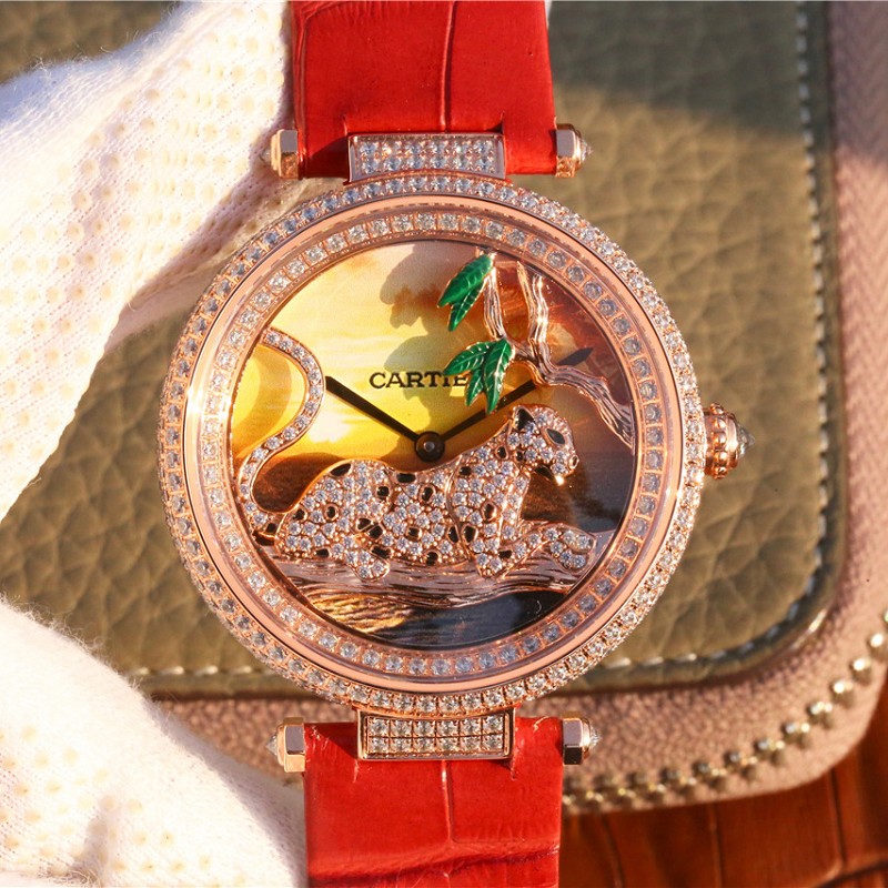 仿卡地亚石英手表 高仿复刻卡地亚创意宝石系列18K包玫瑰金 女士石英腕表
