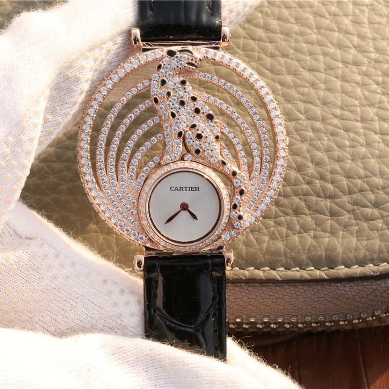 【AV厂产品】卡地亚高仿石英表 高仿卡地亚925纯银+玫瑰金打造猎豹装饰腕表