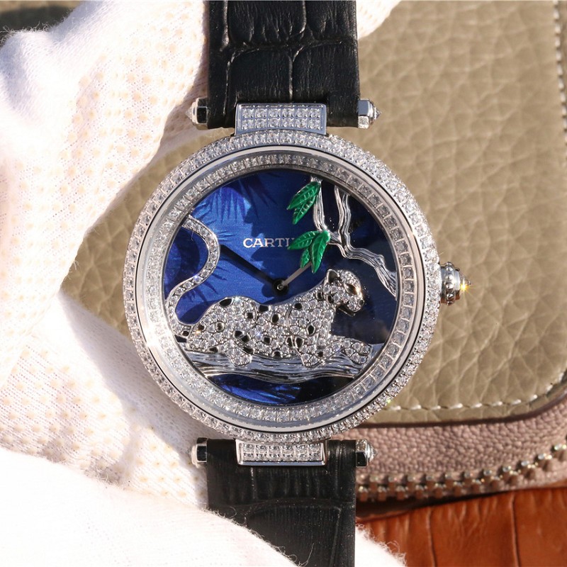 卡地亚女表高仿 高仿复刻卡地亚创意宝石系列镶钻石英女士腕表 黑色表带