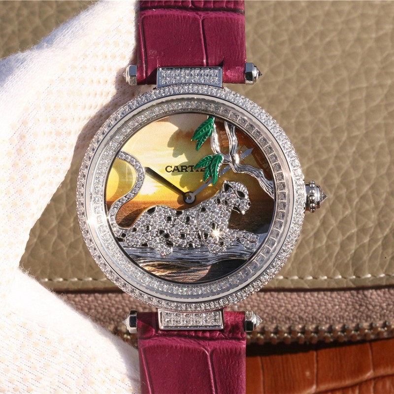 卡地亚手表女款高仿 高仿复刻卡地亚创意宝石系列白金镶钻石英女士腕表