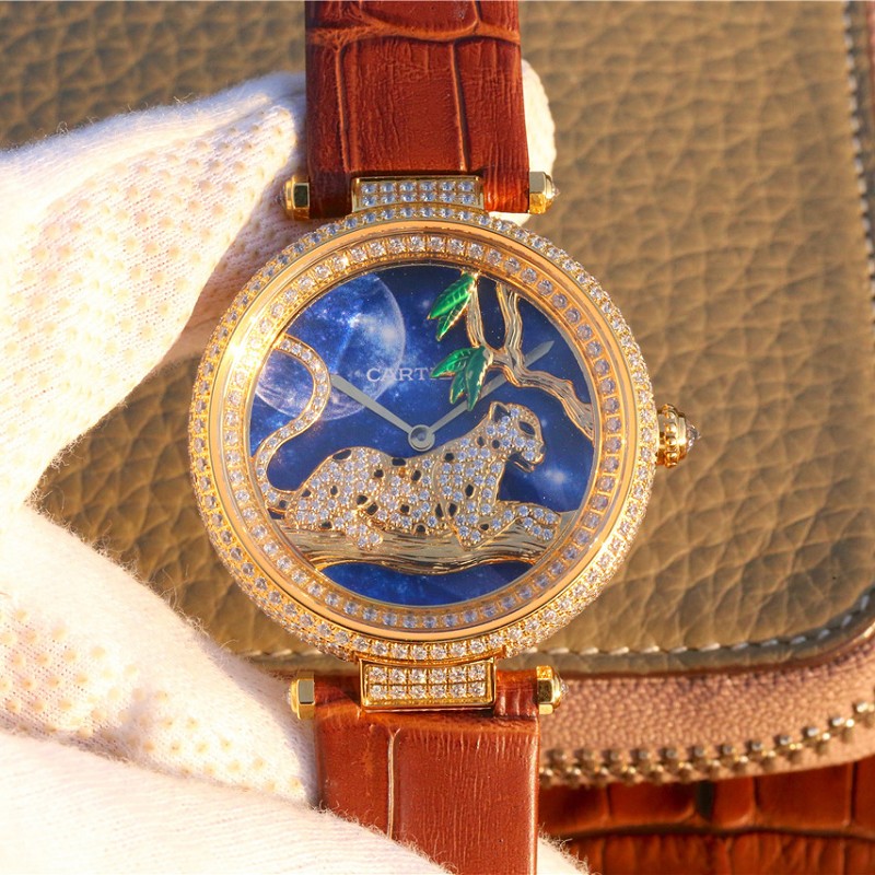 仿卡地亚18K包金表 高仿复刻卡地亚创意宝石系列18K包金棕色皮带 女士石英腕表