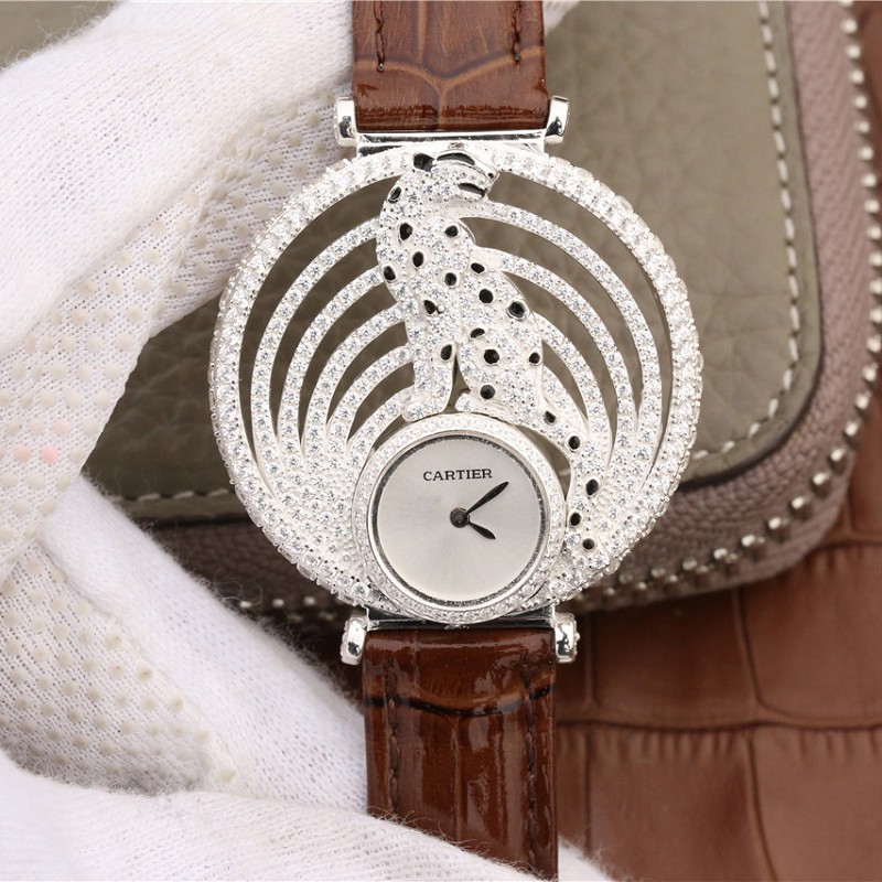 AV厂高仿卡地亚表 精仿复刻卡地亚925纯银+铂金打造猎豹装饰腕表