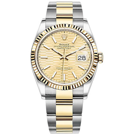 劳力士复刻表一比一 蚝式日志型 126233 ew厂手表 金色坑纹图案 36腕表